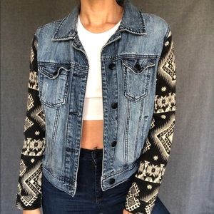 Denim jacket with Southwest patterned sleeves